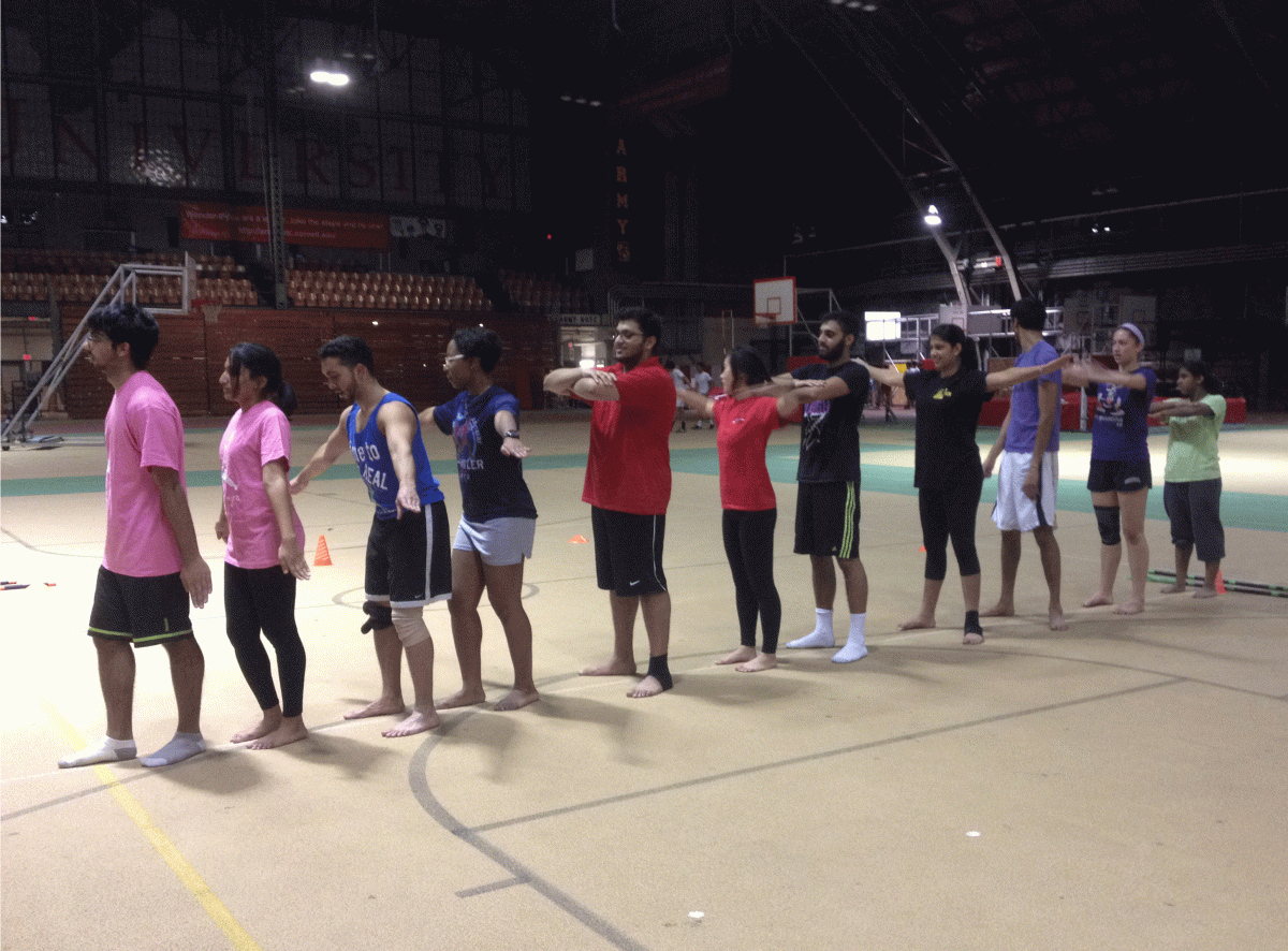 The Cornell Bhangra team practices in Barton Hall