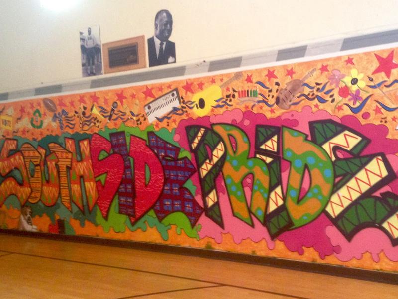 Found inside the gym of the Southside Community Center, this mural documents the pride that the center has in the community.