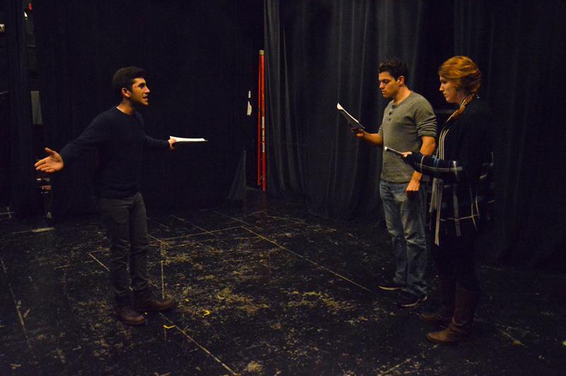 Justin Albinder, Daniel Wisniewski and Hailee Murphy rehearse a scene from “All My Sons” by Arthur Miller in preparation for their upcoming performance with On the Verge. (Credit: Emily Fedor/Ithaca Week)