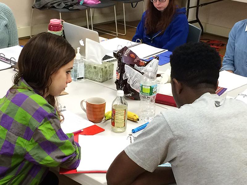 Ian Duff, right, runs through a table read for “I and You” with co-star Anna Stefanic.