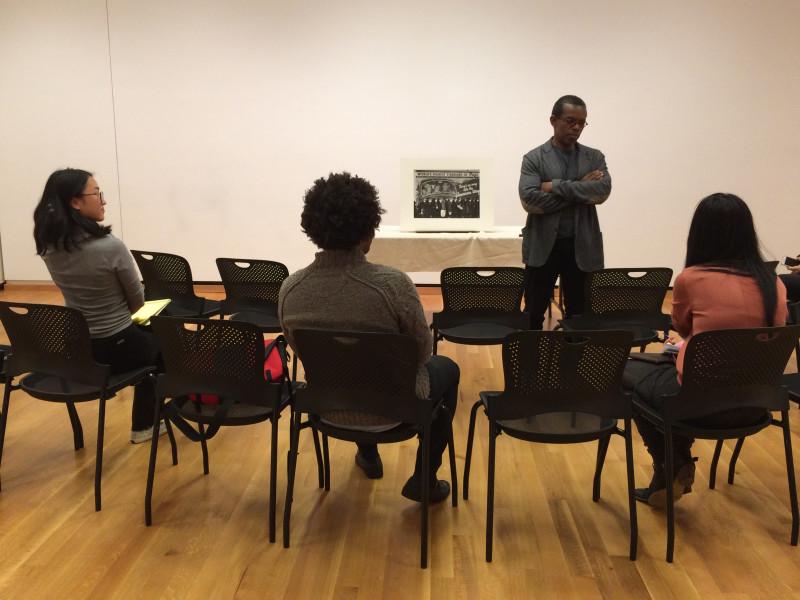 Associate professor Bill Gaskins leads a discussion on the intersections of art and race at the Herbert F. Johnson Museum of Art at Cornell University.