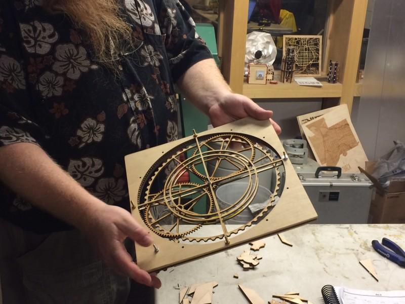 Unique projects like this laser-cut clockwork are created with the help of Ithaca Generators workspace