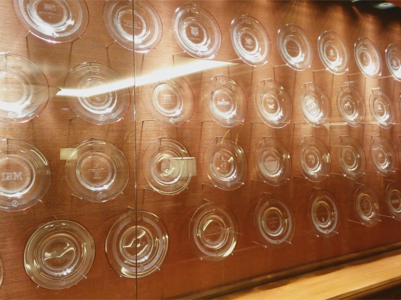 Cornell displays more than 30 awards for their School of Hotel Administration in the hotel’s lobby. 