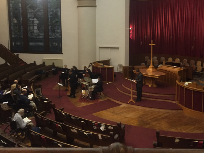 The jazz band playing Nick Weiser’s composition helps Pastor John McNeill give a special
Good Friday Service.
