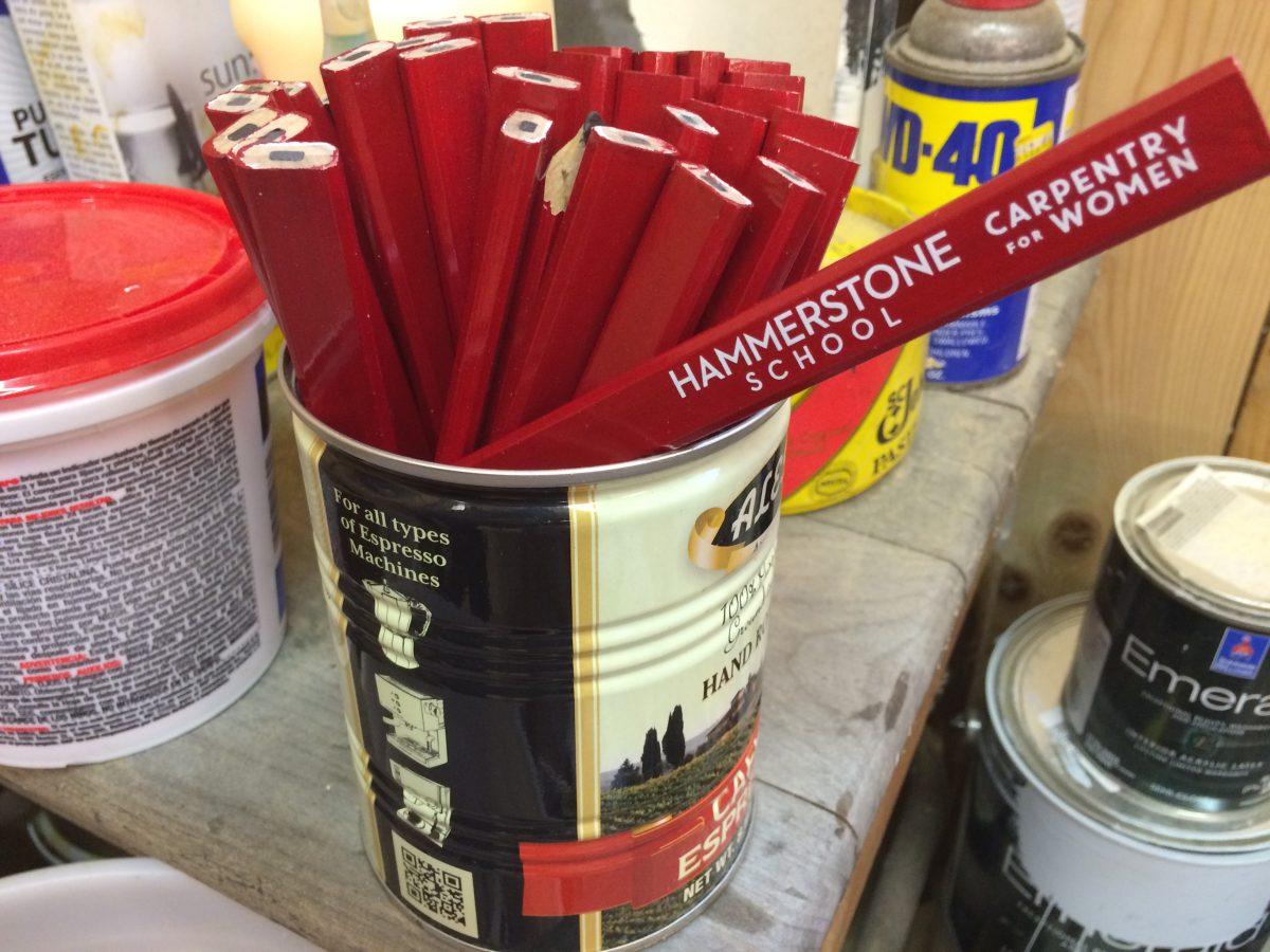 Photo by Christie Citranglo

Hammerstone School’s carpentry pencils sit in a recycled can on one of the work tables. Carpentry pencils are designed to draw precise lines and stay stationary on inclined surfaces.