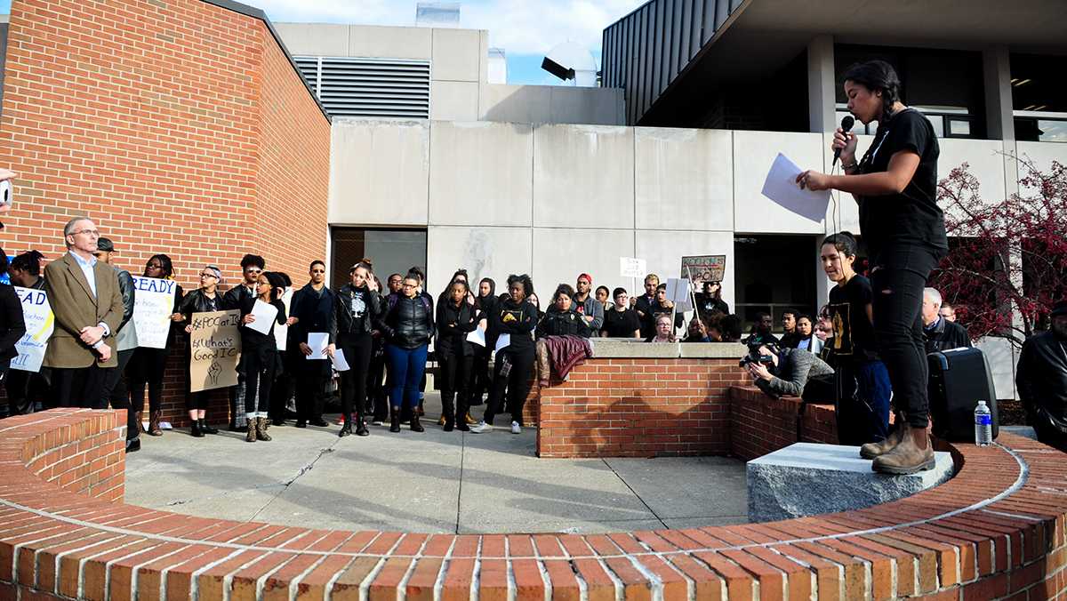 Photo Courtesy of Sam Fuller/ The Ithacan Protesters address President Tom Rochon at the Dec. 11 demands walkout.
