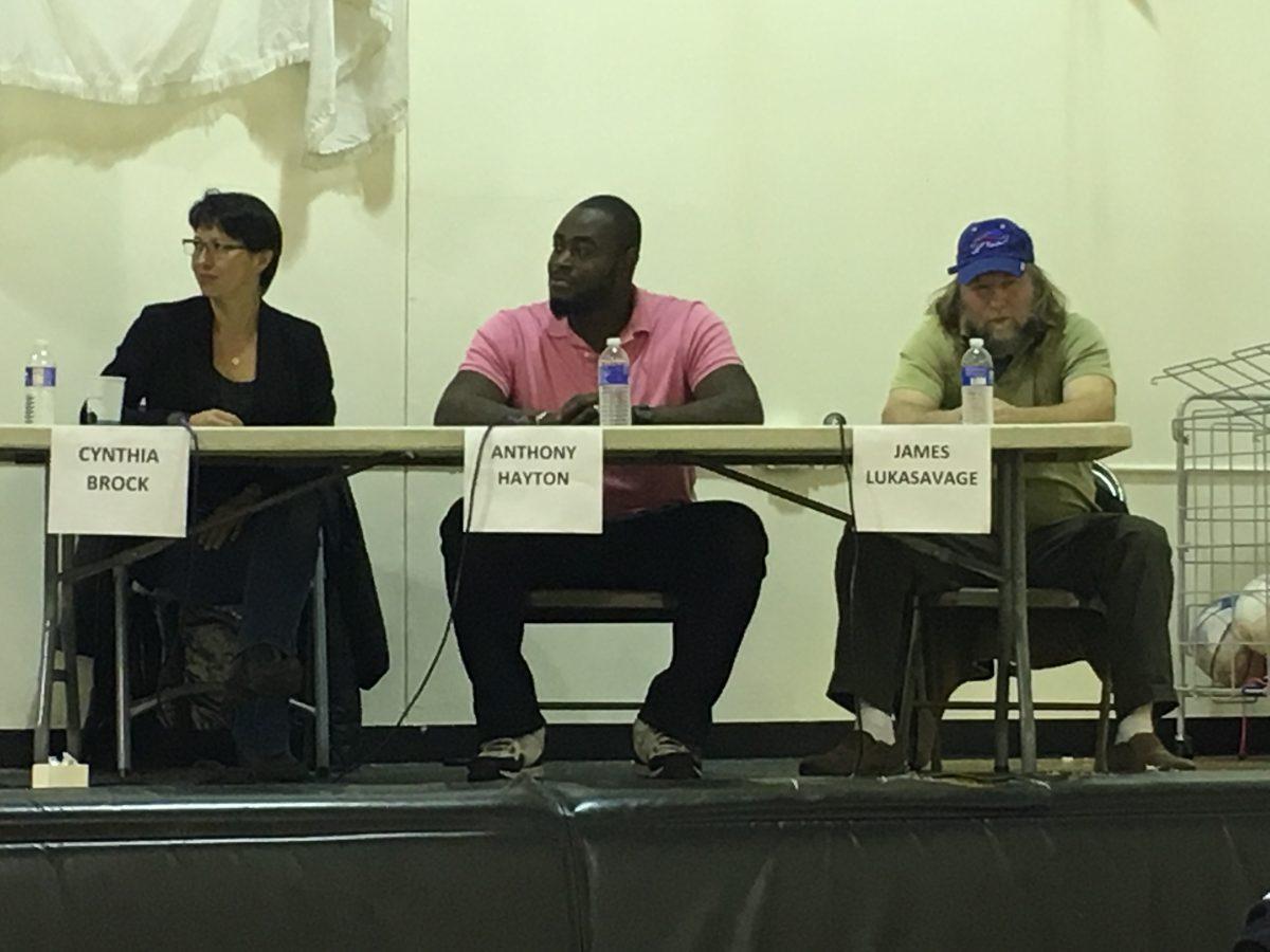 Incumbent Alderperson Cynthia Brock, Anthony Hayton, and James Lukasavage debate at the Southside Community Center.
