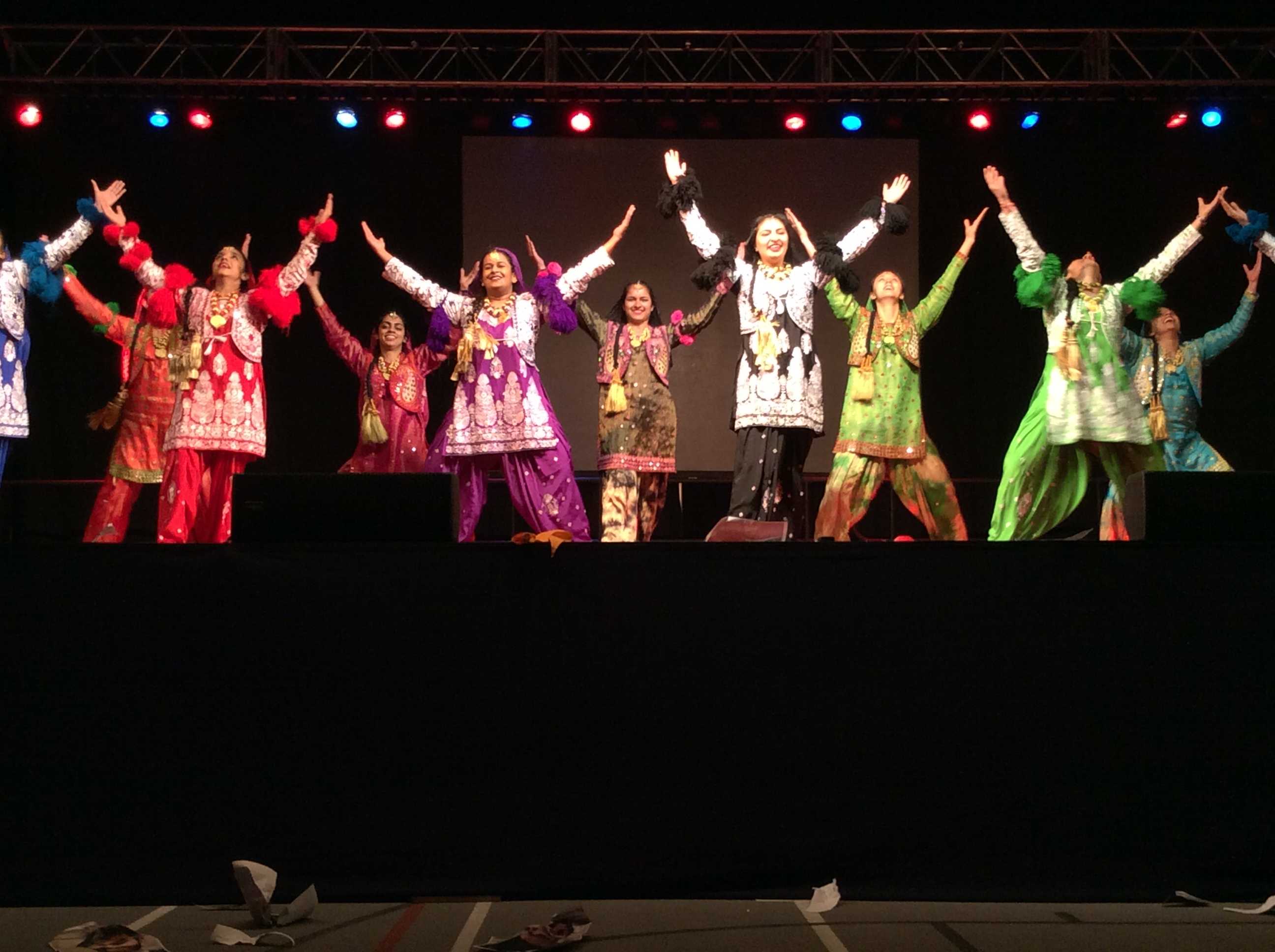 Female members of the Cornell Bhangra team performing a girls-only routine
