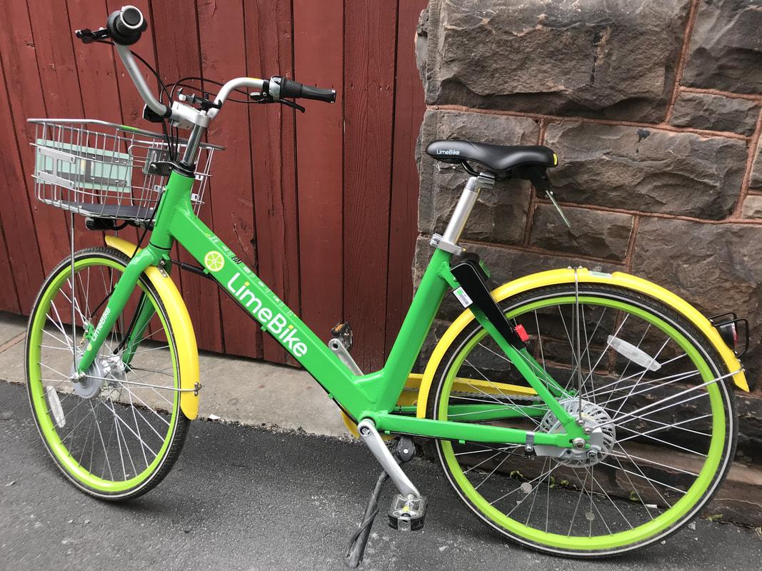 The first LimeBike in Ithaca is currently used as a display and learning tool by Bike Walk Tompkins. Photo: Jack Sears