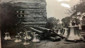 Some of the original bells on the ground below the tower.