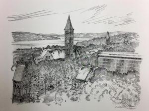 Ink drawing of Cornell University's campus with focus on the Jennie McGraw Tower.