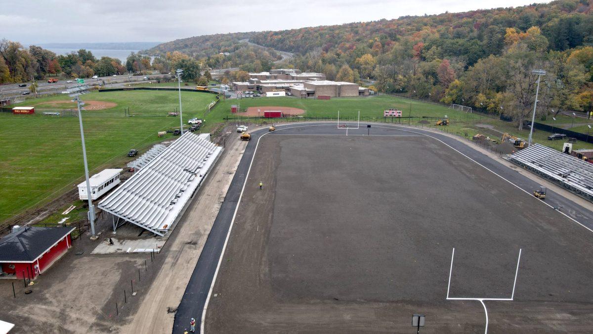 The football field at Ithaca High School’s Moresco Stadium is currently without a finished turf. The Project is expected to be finished completed by Nov. 30. (Photo courtesy of Ithaca City School District)