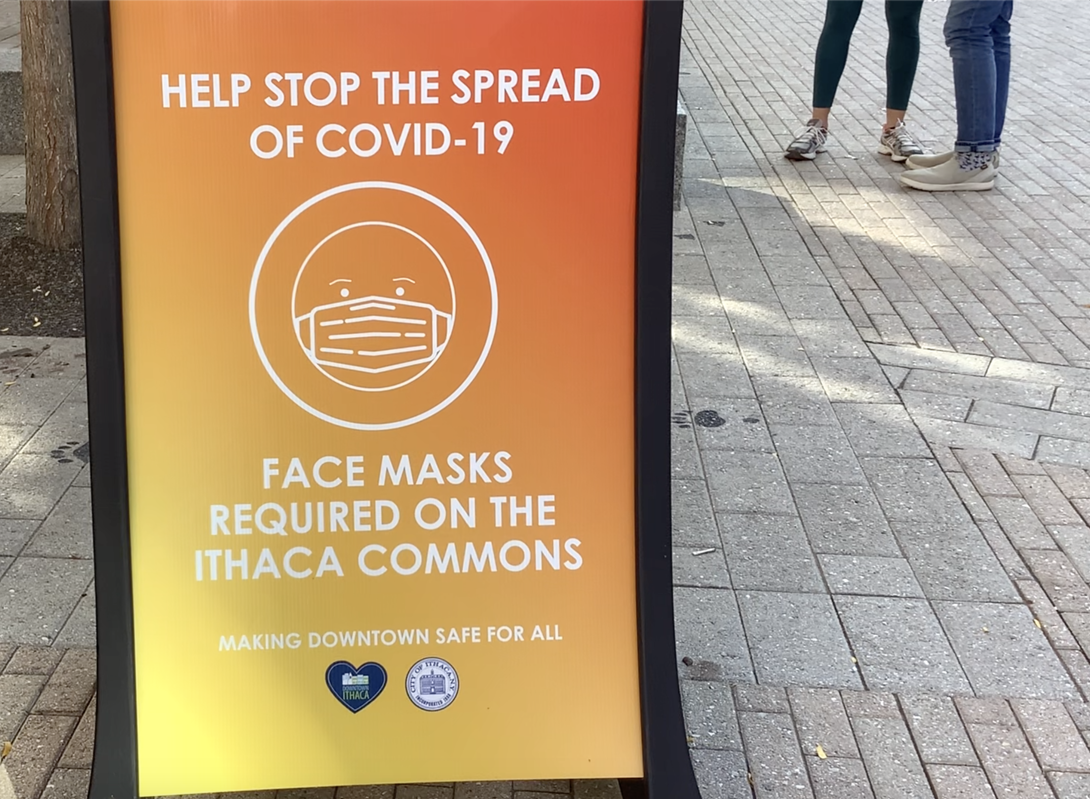 A sign requiring face masks on the Ithaca Commons. (Skylar Eagle/Ithaca Week)
