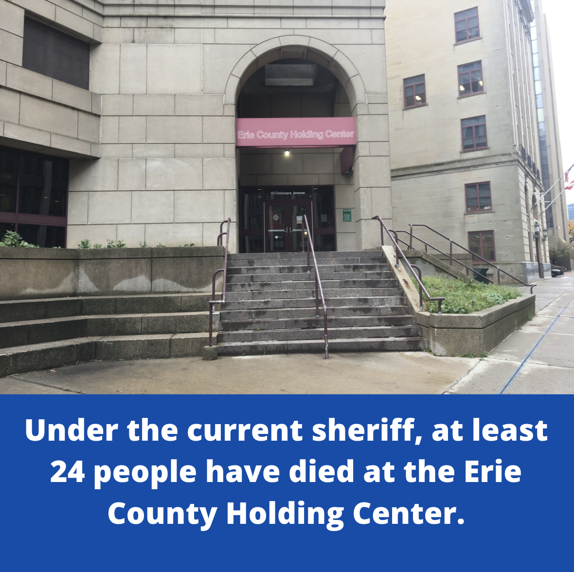 Photo of Erie County Holding center with text "Under the current sheriff, at least 24 people have died at the Erie County Holding Center"