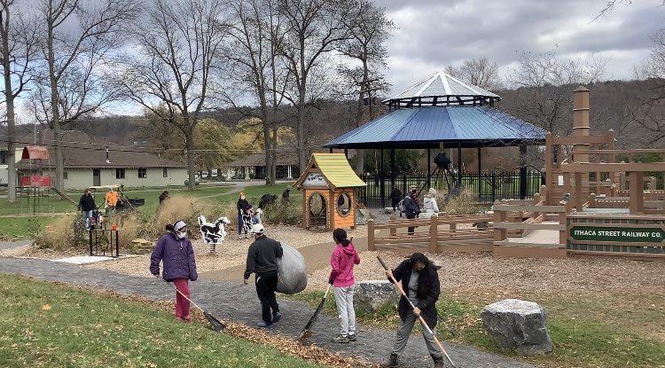Volunteers were seen raking leaves and wood chips, picking up litter, and planting daffodil bulbs around Stewart Park's new playground. 