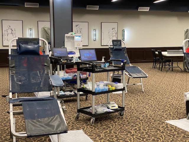 Chairs are place 6 feet apart at a blood drive