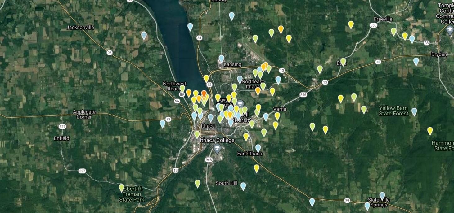 A map of Ithaca on eBird shows bird sighting hotspots. A dark orange symbol near Cayuga Lake represents Stewart Park, one of Tompkins County's largest hotspots. /Photo courtesy of eBird.