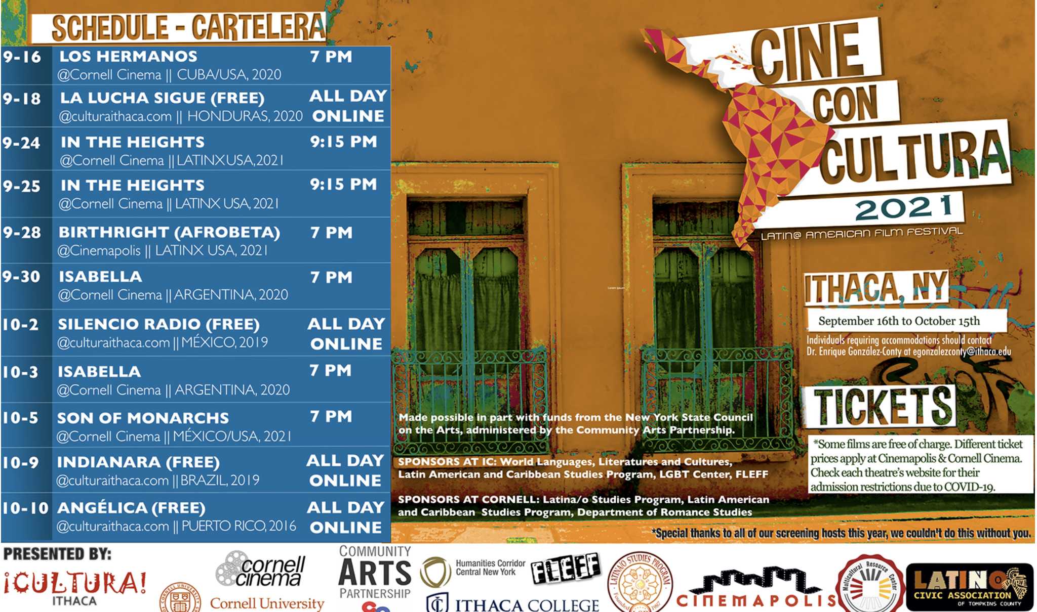 Poster for the 2021 Cine con Cultura film festival, including a list of films and showtimes