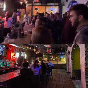 A split comparison of the bar at Moonies. The top photo shows the bar during the weekend, filled with people. The bottom shows a Tuesday night, with five people sitting at the bar, the room nearly empty.