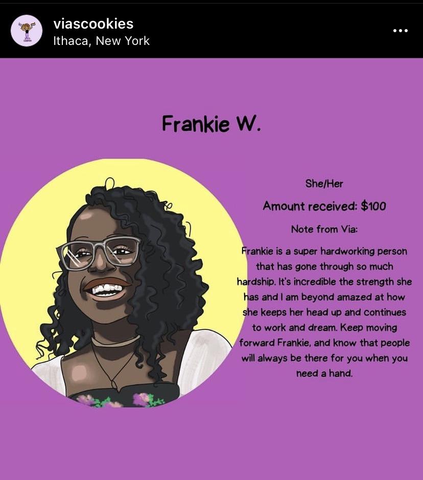 Walls' donation announcement and biography on Via's Cookies' Instagram. Frankie Walls received $100.