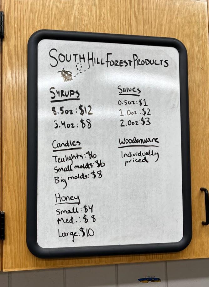 A sign showing the prices of various South Hill Forest Products