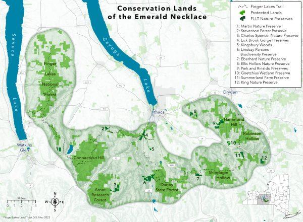 a map showing protected land around the southern end of Cayuga Lake