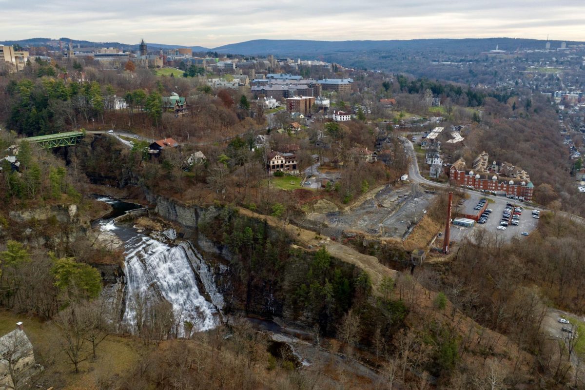 An aerial drone view showing Ithaca, N.Y. on Nov. 30, 2023. (Jackie Vickery)