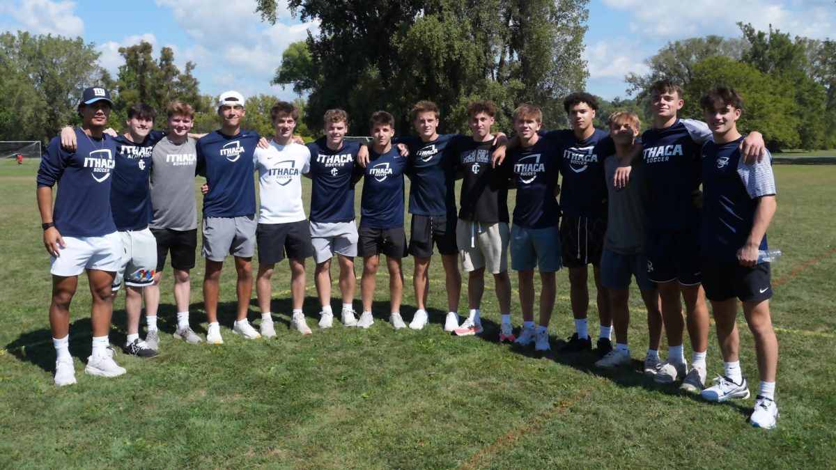 The IC men’s soccer class of 2029, after helping at a youth soccer clinic for kids in Tompkins County. Head Coach Gabe Kuhn finds the character and talent of these players to make them a special group. (Meaghan Baggoo/Ithaca Week) 