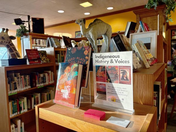 Bookshelves filled with books. A sign with "Indigenous History & Voices" is on display on the bookshelf in the foreground of the photo with two books written by indigenous authors.