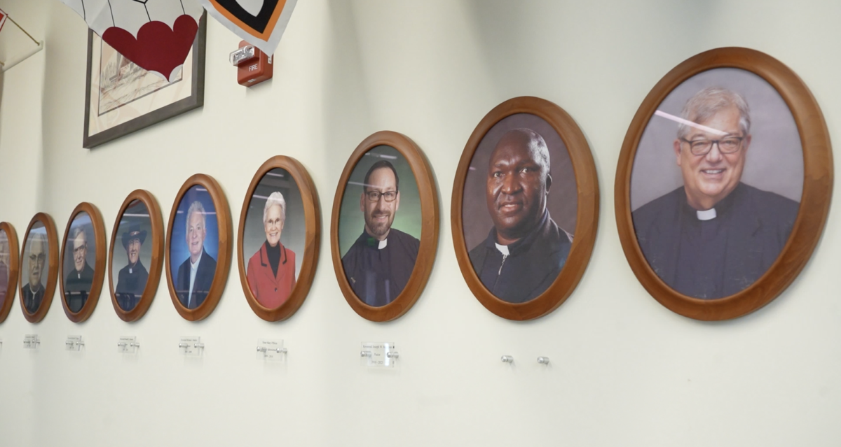 Lobby display of St. Catherine of Siena Catholic Churches former priests

