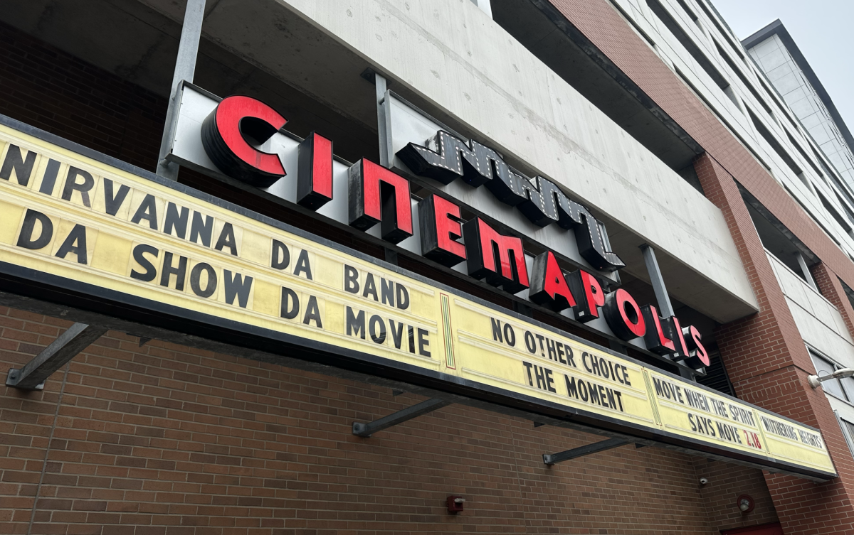 Cinemapolis marquee displaying the current showings outside of the theater for all community members and movie-goers (Ally Mahoney / Ithaca Week)