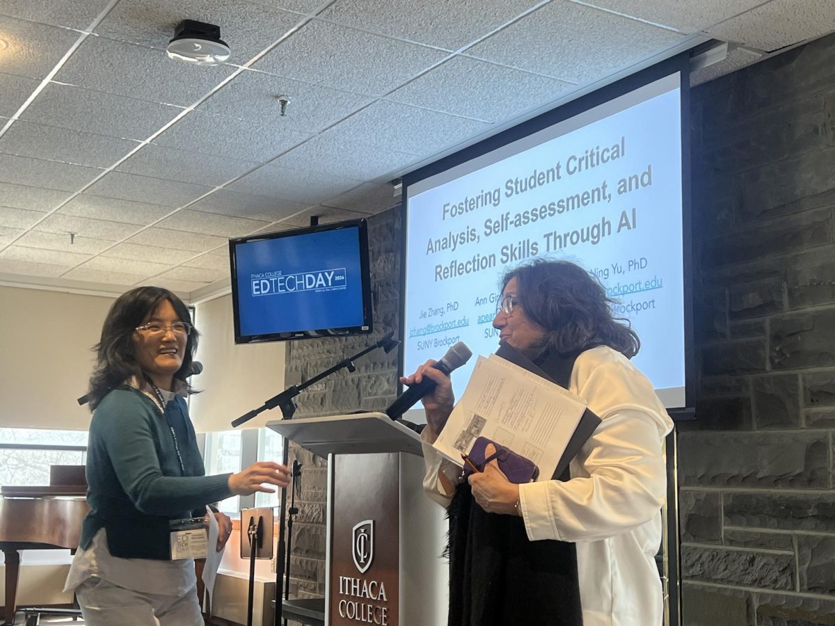 Professors Jie Zhang and Ann Giralico Pearlman of SUNY Brockport presenting on fostering student critical analysis, self-assessment, and reflection skills through AI and how they use AI in their classrooms.