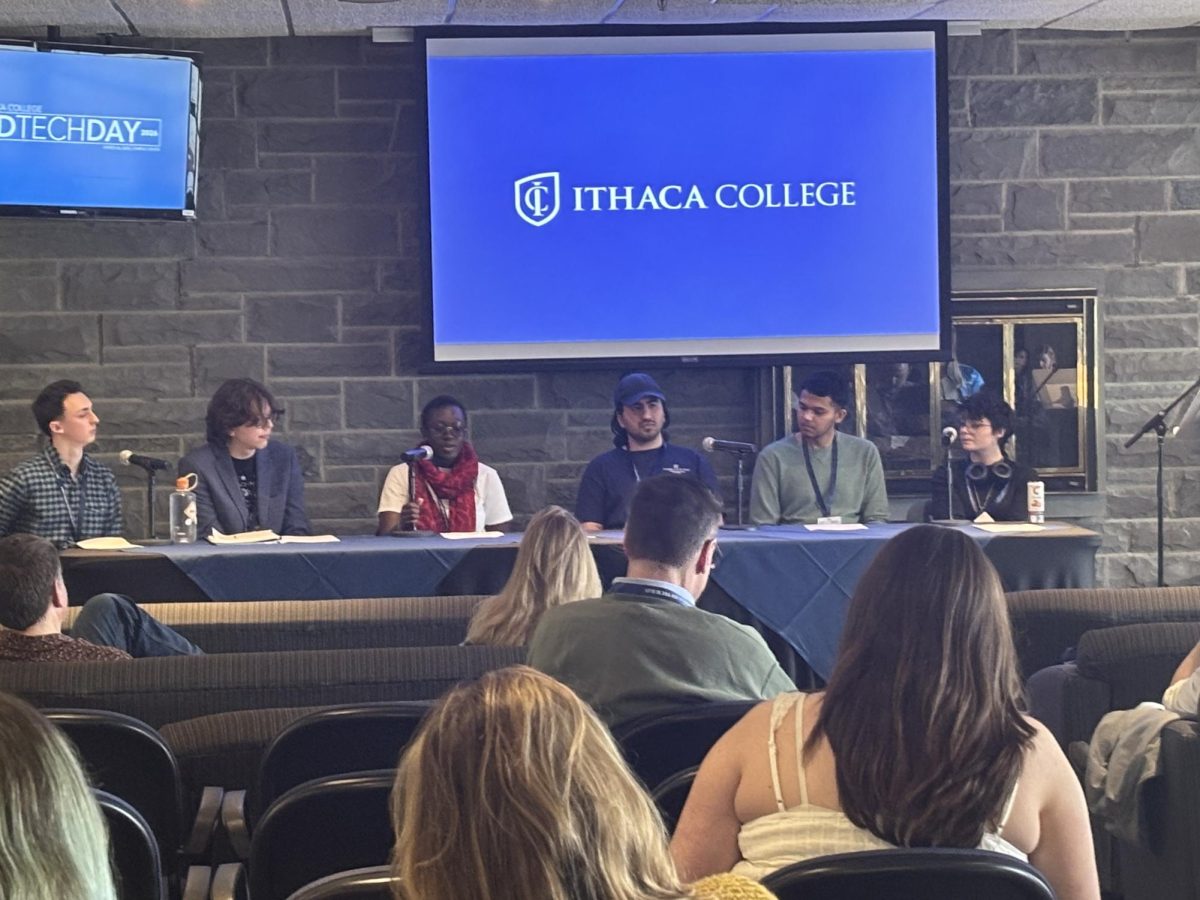 A panel of Ithaca College students talk during an event hosted by Associate Director of Project and Process Innovation, Jenna Lamb about impacts of Artificial Intelligence.
